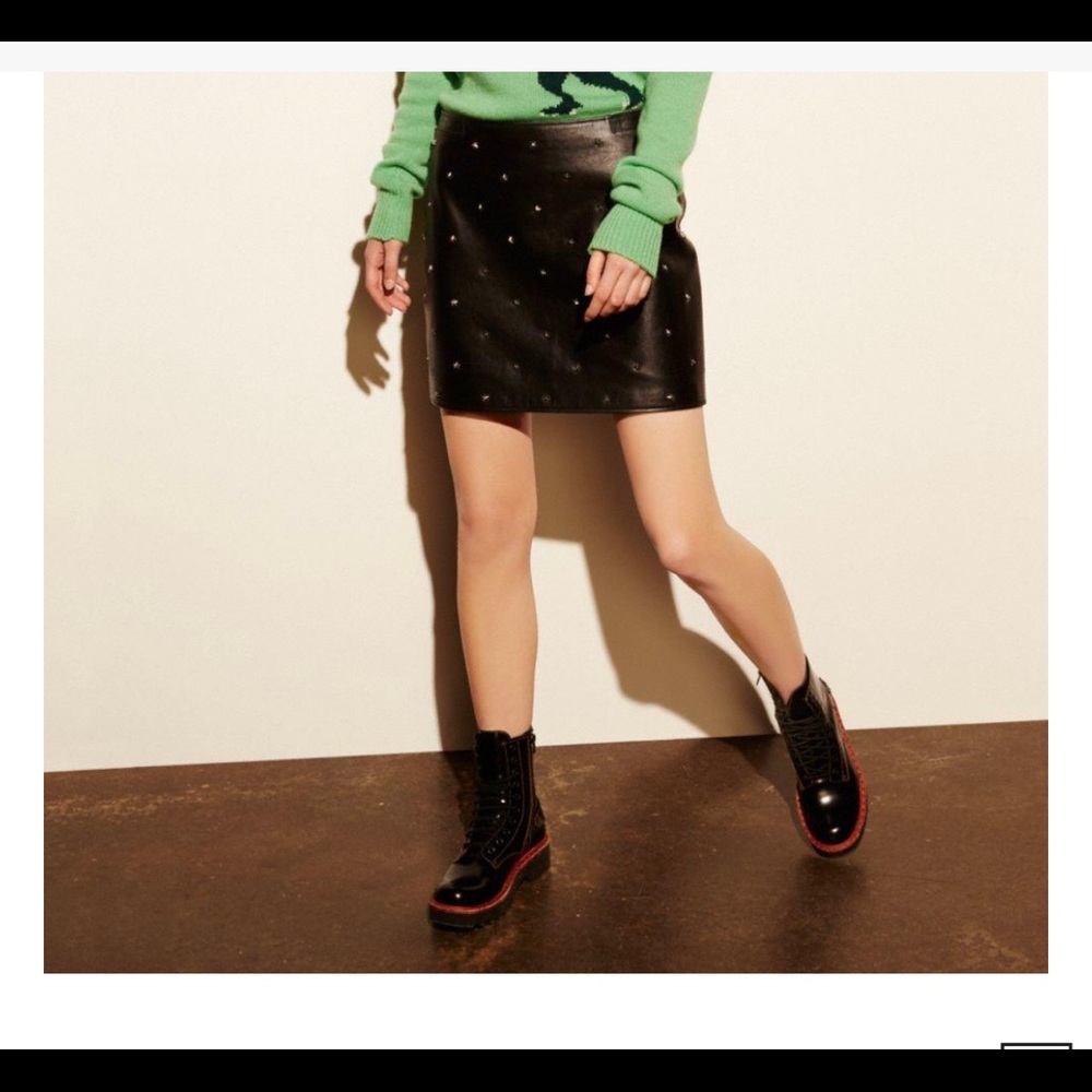 Coach Star Stud Mini Leather Skirt in Black,Size 0
